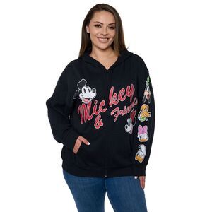 New Women's Plus Size Disney Mickey & Friends Hoodie Sweatshirt Black Zip Up